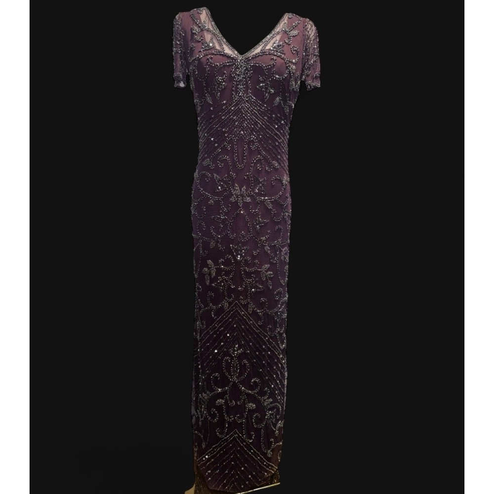 Pisarro Nights Beaded Mesh Column Gown- 100% polyester - purple - Size 6